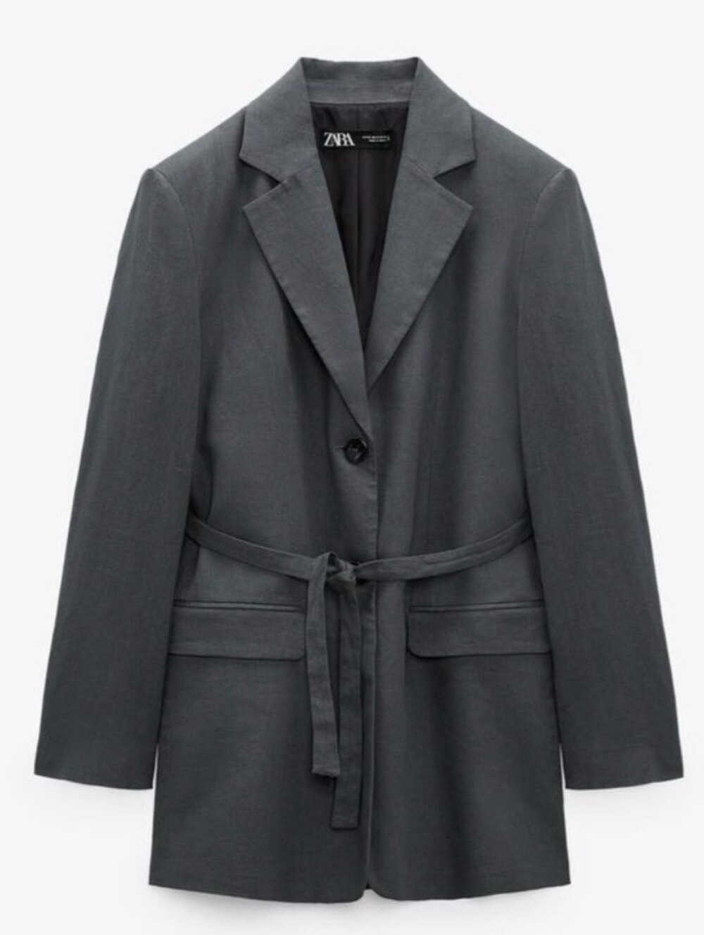 NWT ZARA Charcoal Gray Linen Blend Belted Blazer Jacket